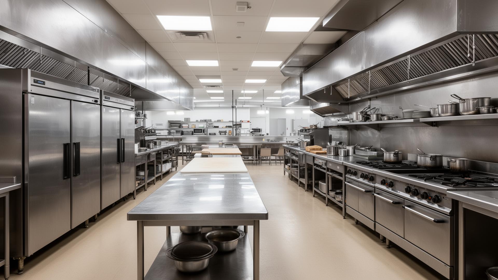 Cocina comercial con equipos de acero inoxidable